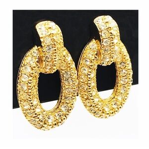 Vintage Christian Dior Signed Crystal Posts Oval Earrings 70's RARE